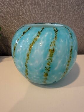 Aqua Blue Art Glass Vase with Olive Accent Stripes